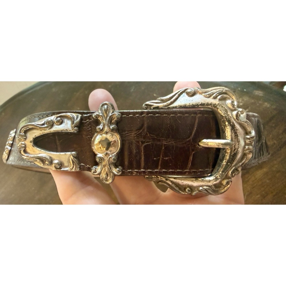 VTG Ladies Size Small Brighton Belt Dark Brown Croc Embossed W/ Silver Detail - Picture 2 of 7